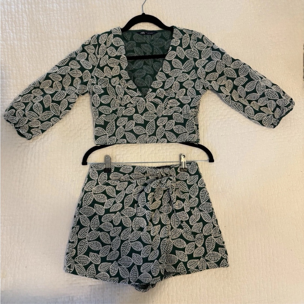 ZARA Green & White Embroidered Top & Skort Set